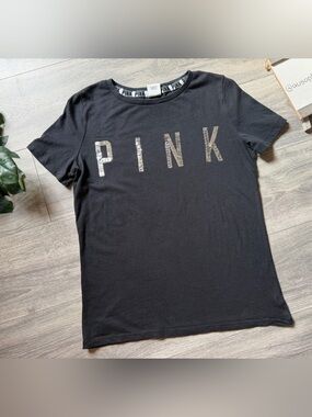 PINK Victoria's Secret Black Short Sleeve Tee w Silver Sequin Logo. Size S